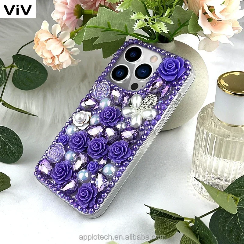 Bling Diamond Phone Case for Iphone 13 14 15Pro Max XR 16Pro - Luxury Crystal Gem Purple Flower Rhinestone Protective Back Cover