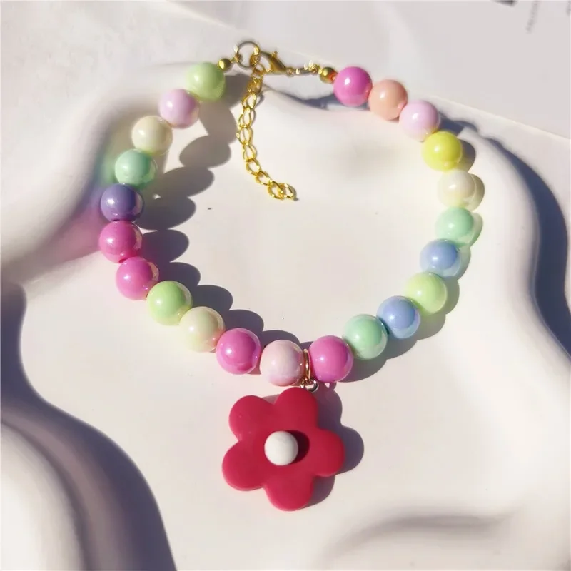 

Adjustable Pearl Pet Necklace Colorful Flower Pendant Cat Collar Kitten Dog Neck Accessory
