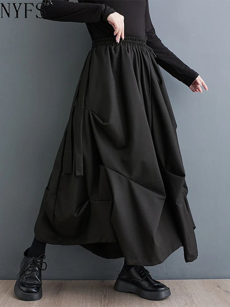 

NYFS 2024 Spring New Office Lady Woman Wide Leg Pants Loose Plus size Elastic Waist Black Folds Trousers