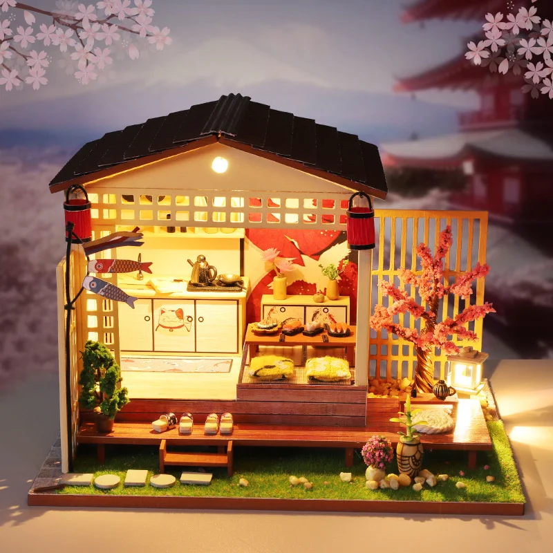 Diy Houten Japanse Poppenhuis Model Miniatuur Bouwpakketten Poppenhuis Met Meubels Kersenbloesems Villa Speelgoed Voor Meisjes Geschenken