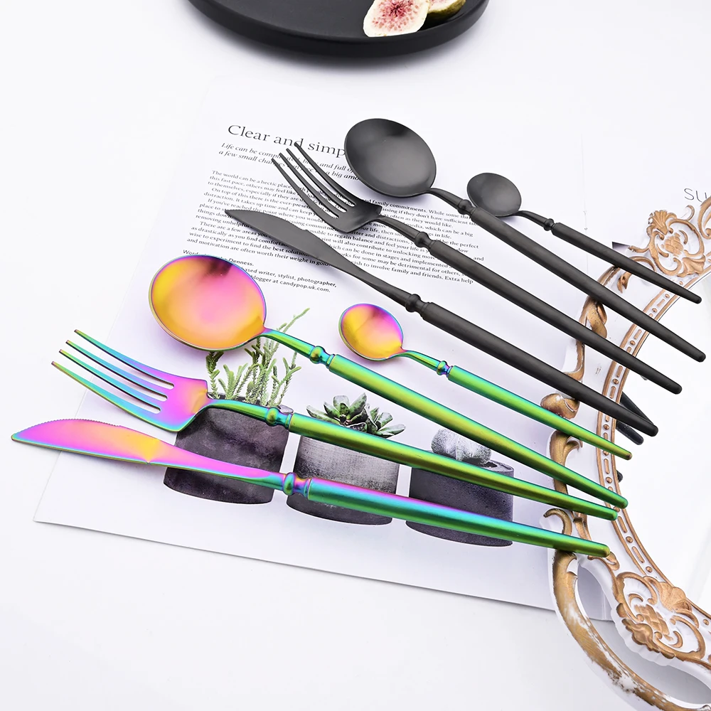 

Drmfiy 6Pcs Fork Knife Spoon Dinnerware Set Stainless Steel Cutlery Matter Colourful Tableware Set Dinner Wedding Silverware Set