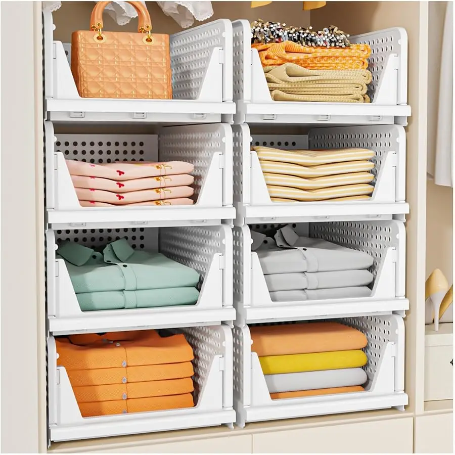 

5 Pack Stackable Closet Storage Basket, Multifunctional & Foldable Closet Organizer for Bathroom Kitchen Laundry Room Wardrobe S