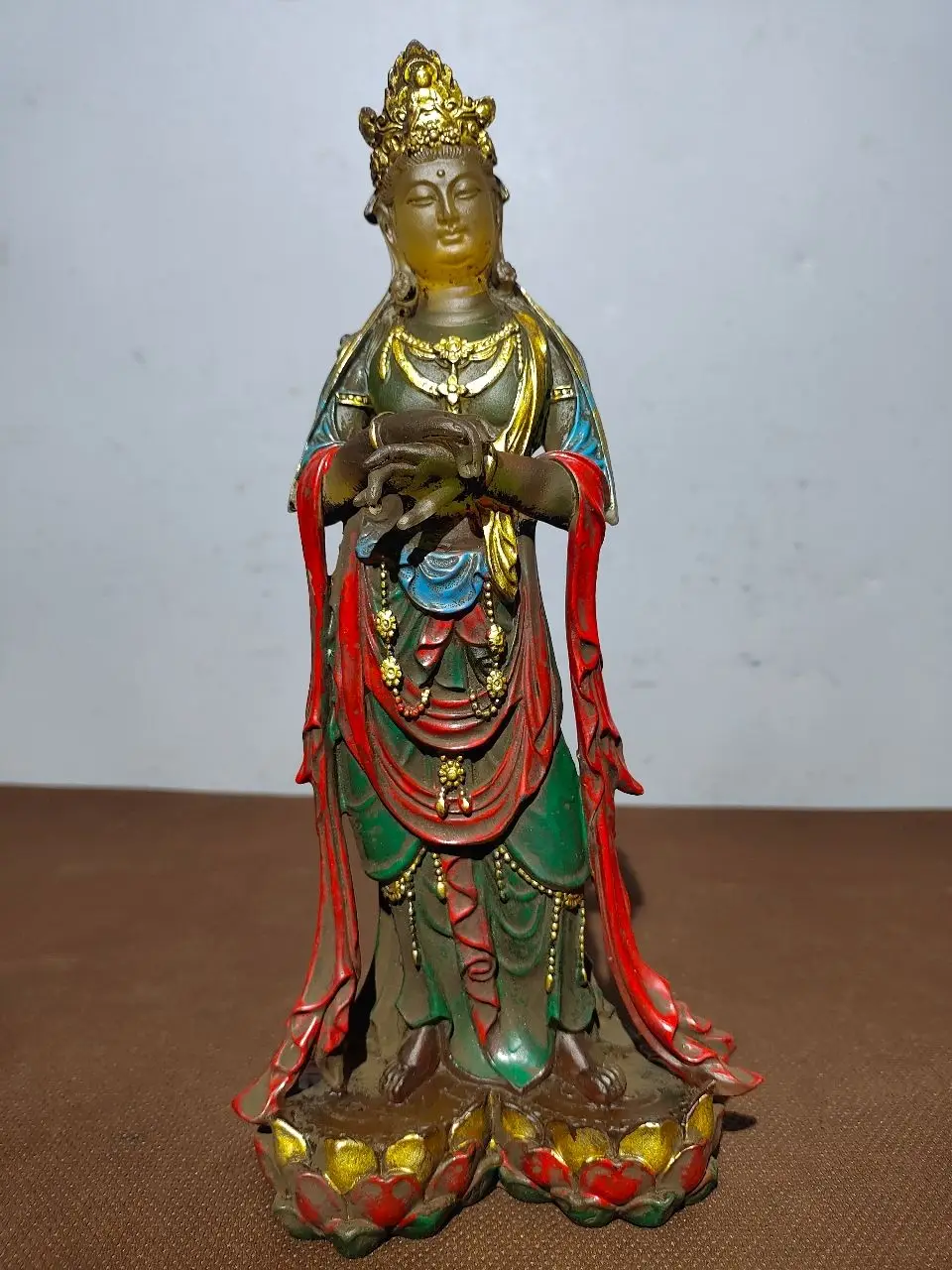 

10"Tibetan Temple Collection Old Colored Glaze Painted Guanyin Bodhisattva Station Buddha lotus platform Worship Hall Town house