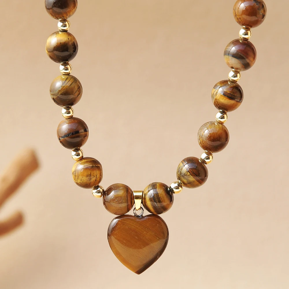 قطعة واحدة من قلادة قلب مطرزة على الطراز البوهيمي مع خرز عين النمر المستدير وخرز ذهبي، هدية رائعة مناسبة لجميع المواسم #3