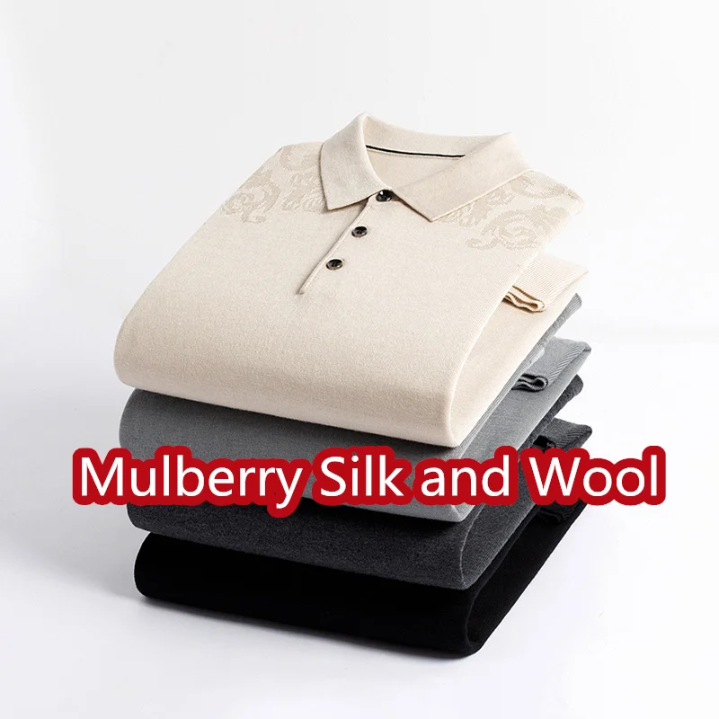 

New Trendy Silk Wool Knit T-shirt 2025 Men Autumn Casual Turn Down Collar Jumper Long Sleeve Sweater Pullover Tops