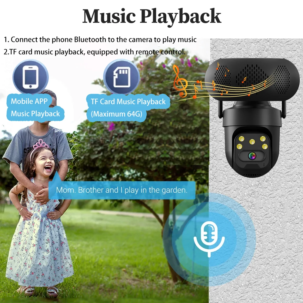 5MP UltraHD كاميرا الأمن في الهواء الطلق تتبع السيارات تشغيل الموسيقى بلوتوث واي فاي IP66 مقاوم للماء كاميرا مراقبة منزلية icsee