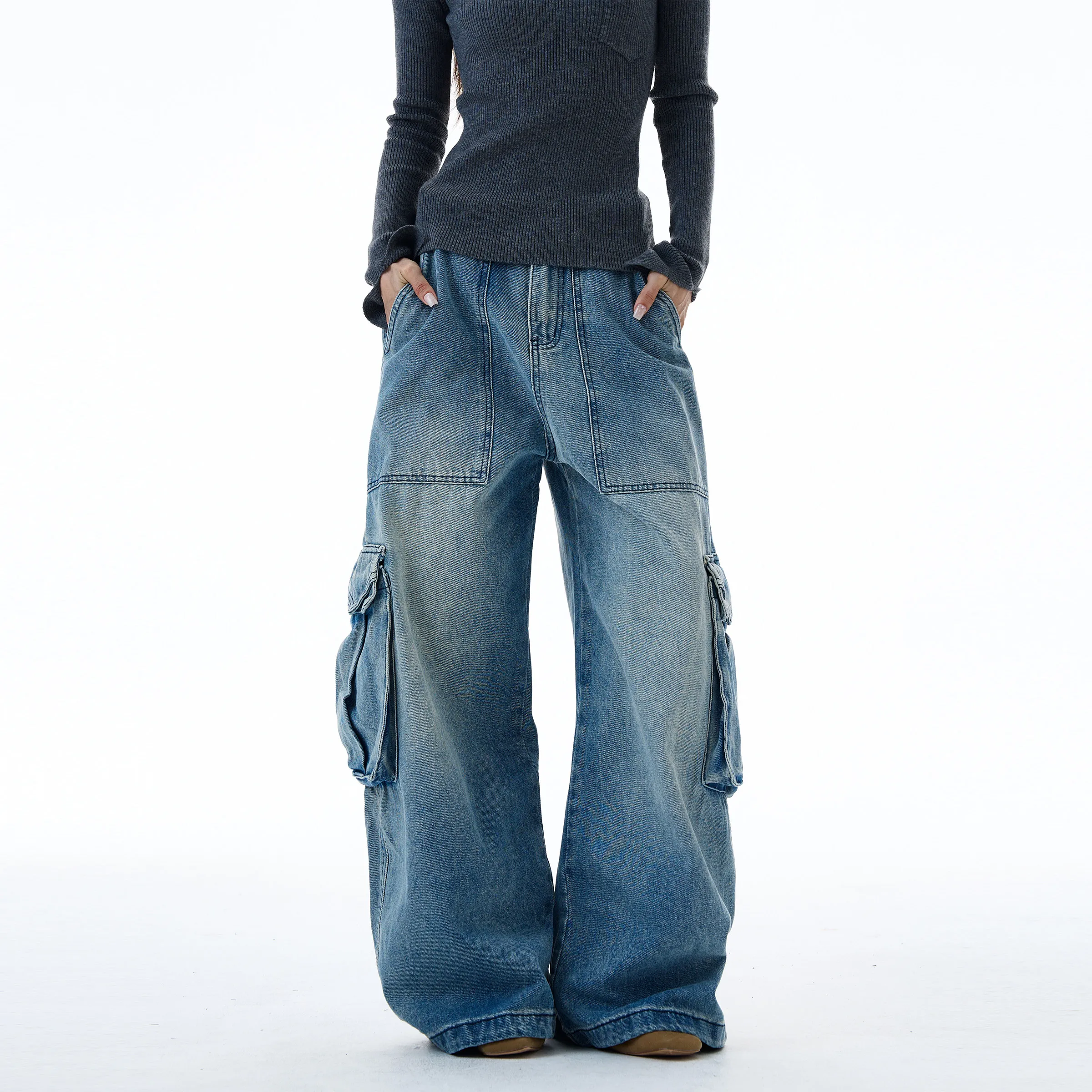 Multi-pocket Cargo Jeans Men Women Streetwear Hip Hop Loose Casual Wide-leg Baggy Jeans Machete Pants Unisex Trousers