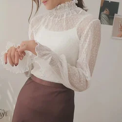 Sweet Petal Collar Flare Sleeve T-shirt Women S-2XL Stretch Lace Transparent Blouse Female See Through Shirt Mesh Cheaper Tops
