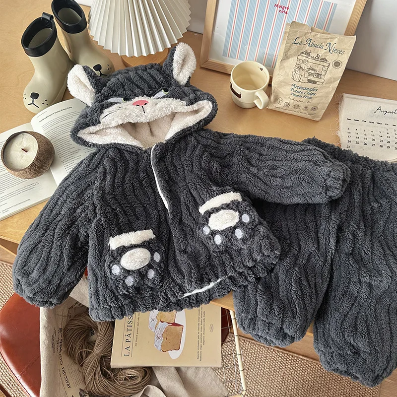 

Toddler Boy Two-piece Set Winter Dog Printed Thicken Warm Kids Baby Boys Hooded Sweatshirt+elastic Waist Solid Infant Girls Pant