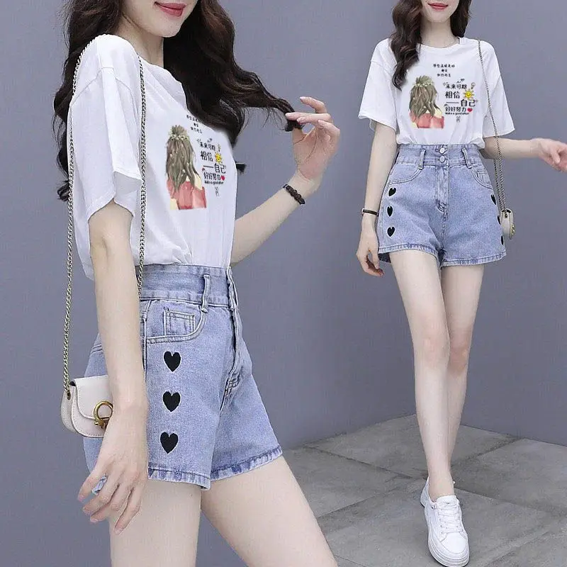 Women's Fashion Suit Summer New Korean Style Clothing White Short Sleeve Shirts Crop Tops Denim Shorts 2 Two Piece Set For Women