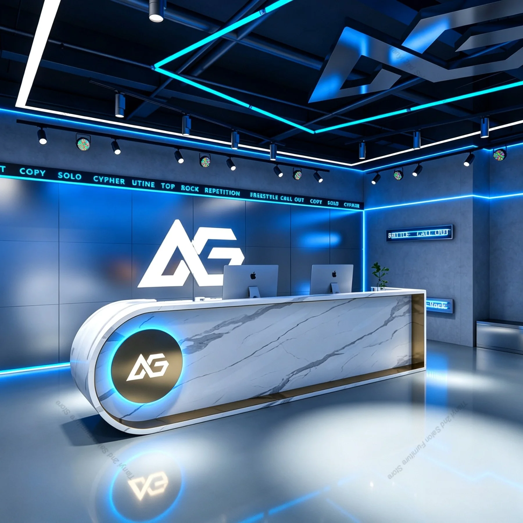 Tech Office Reception - كاونتر استقبال عصري عالي التقنية لغرفة