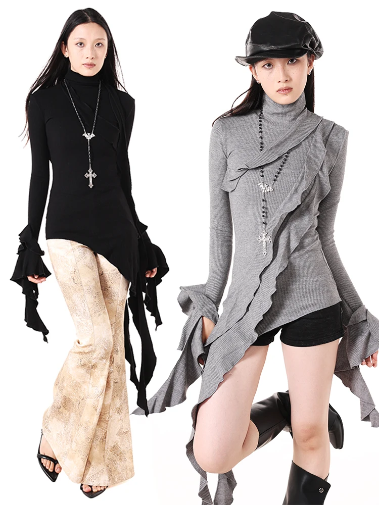 

Slim Fit Asymmetric Long Sve Knitted Top High Collar Spicy Girl ey Autumn Winter Women's Faion Commute Sle Knitwear