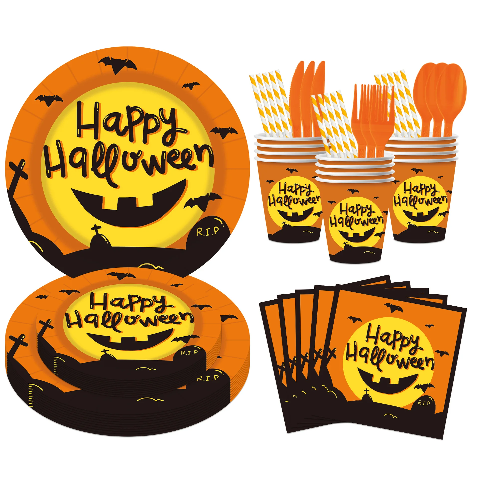 

90pcs Halloween Disposable Party Tableware Set Paper Plates Cups Napkins Knifes Spoons Forks Bat Pumpkin Decorations Supplies