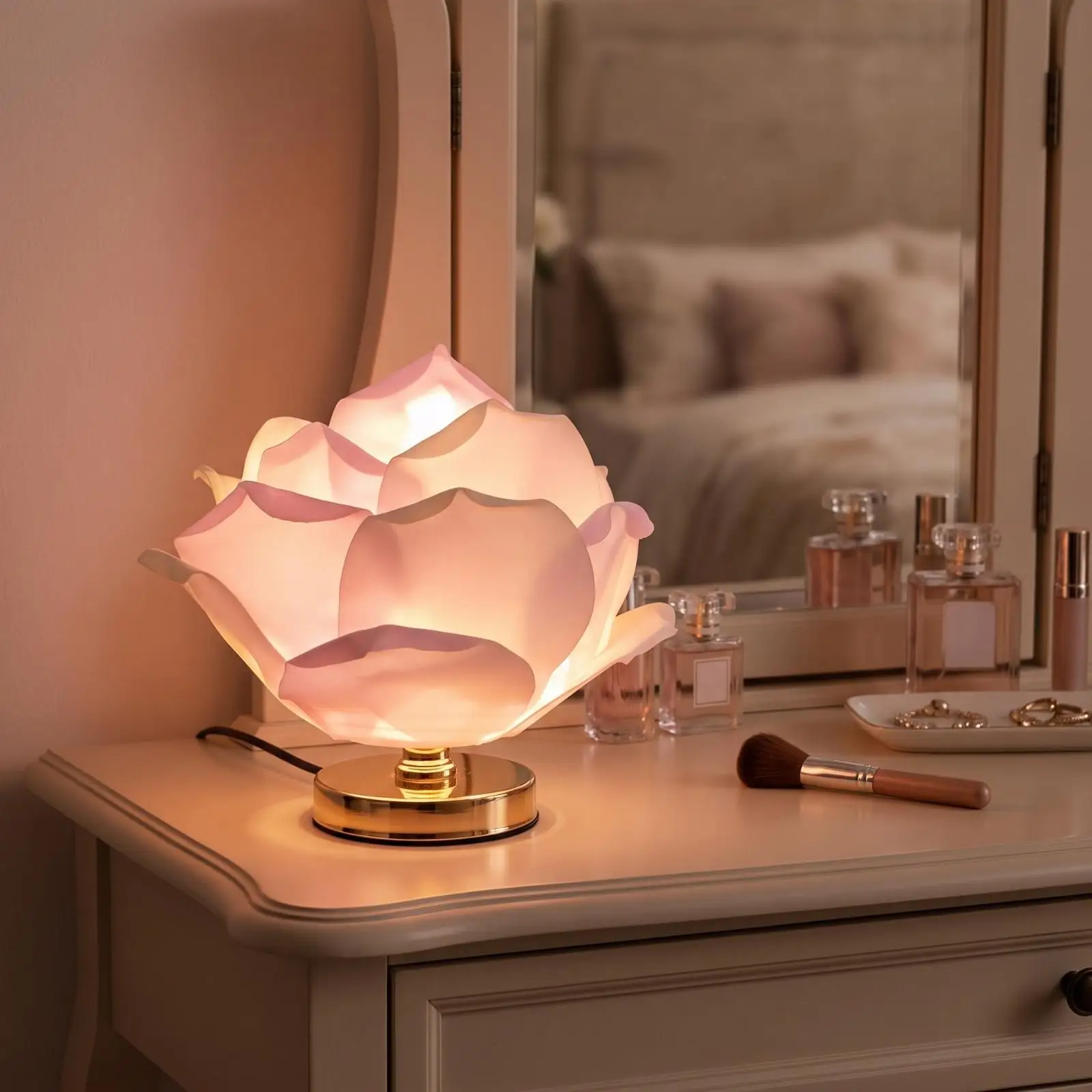 Decorative Flower Table Lamp with Layered Petals USB Dimmer Switch Warm Ambient Glow for Cozy Evening Relaxation Reading Spaces