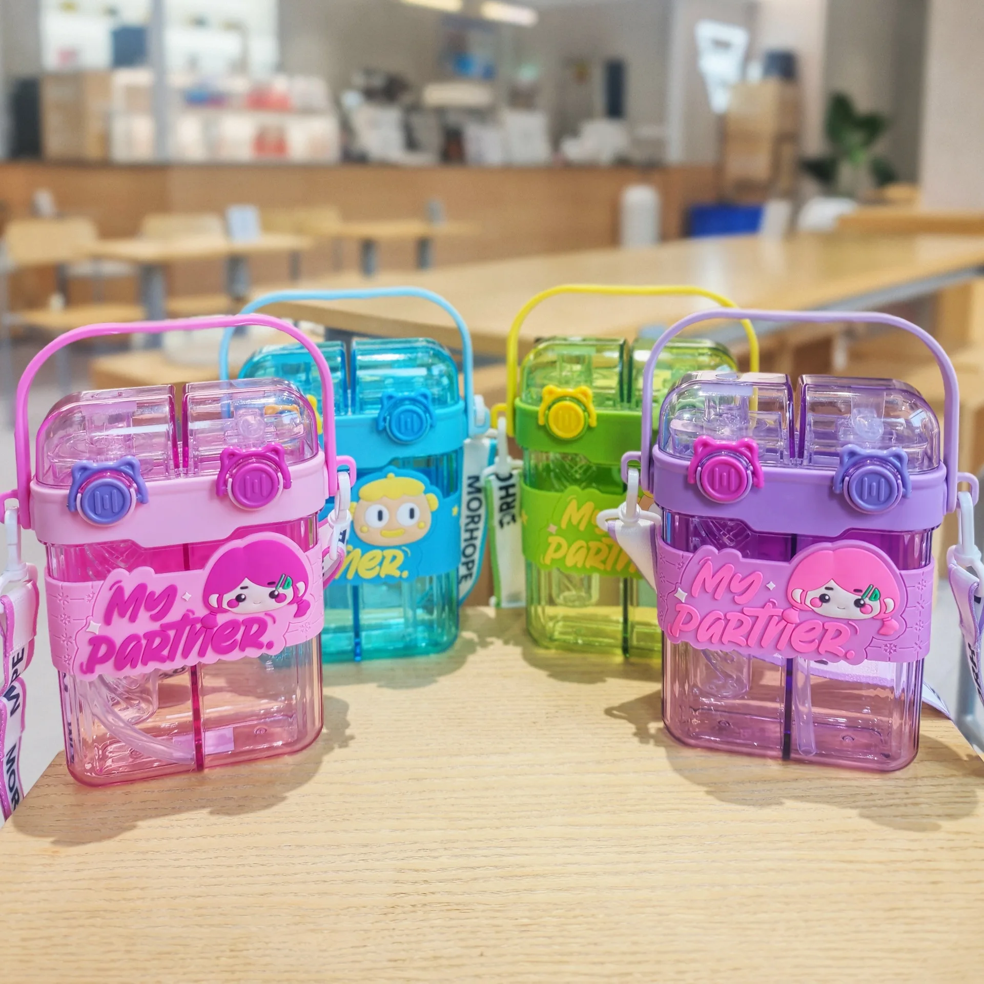 Popular Dual Drink Compartment Water Cup Cartoon Children Straw Cup Portable Shoulder Strap Student Plastic Water Bottle