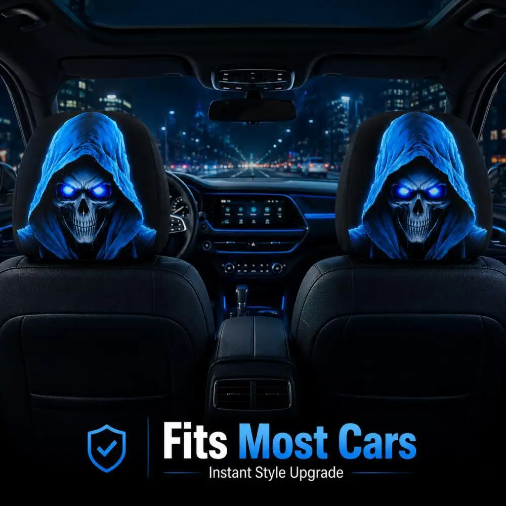 2pcs Blue Ghost Skull Car Headrest Covers • Eerie And Spooky Headrest Protectors for Various Car Models•Nighttime Car Interior