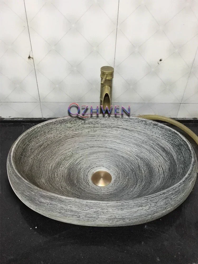 47/40/35cm Ceramic Washbasin Antique Carving Bathroom Sink Imitation Stone Round Chinese Style Countertop Art Basin with Tap