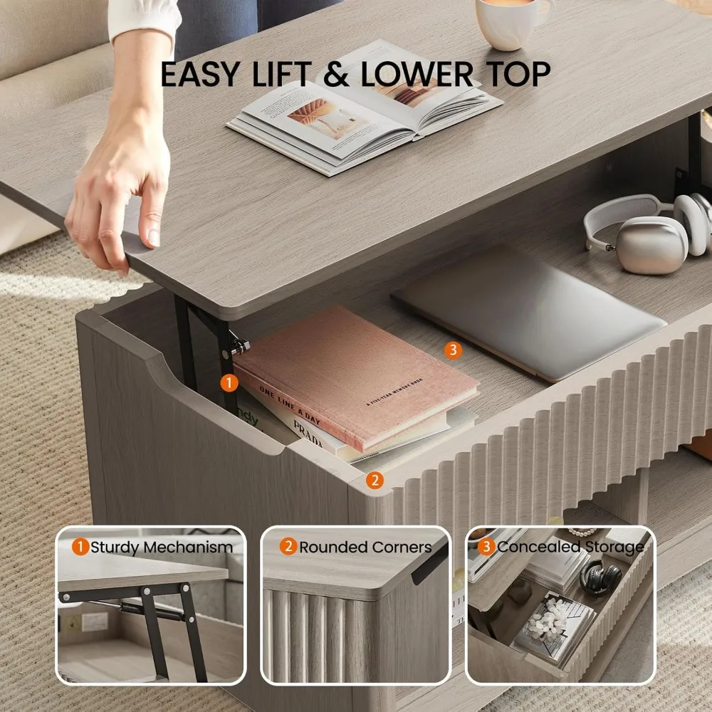 Table basse de rangement moderne avec plateau relevable, table centrale de salon rectangulaire, compartiment caché pour l'organisation