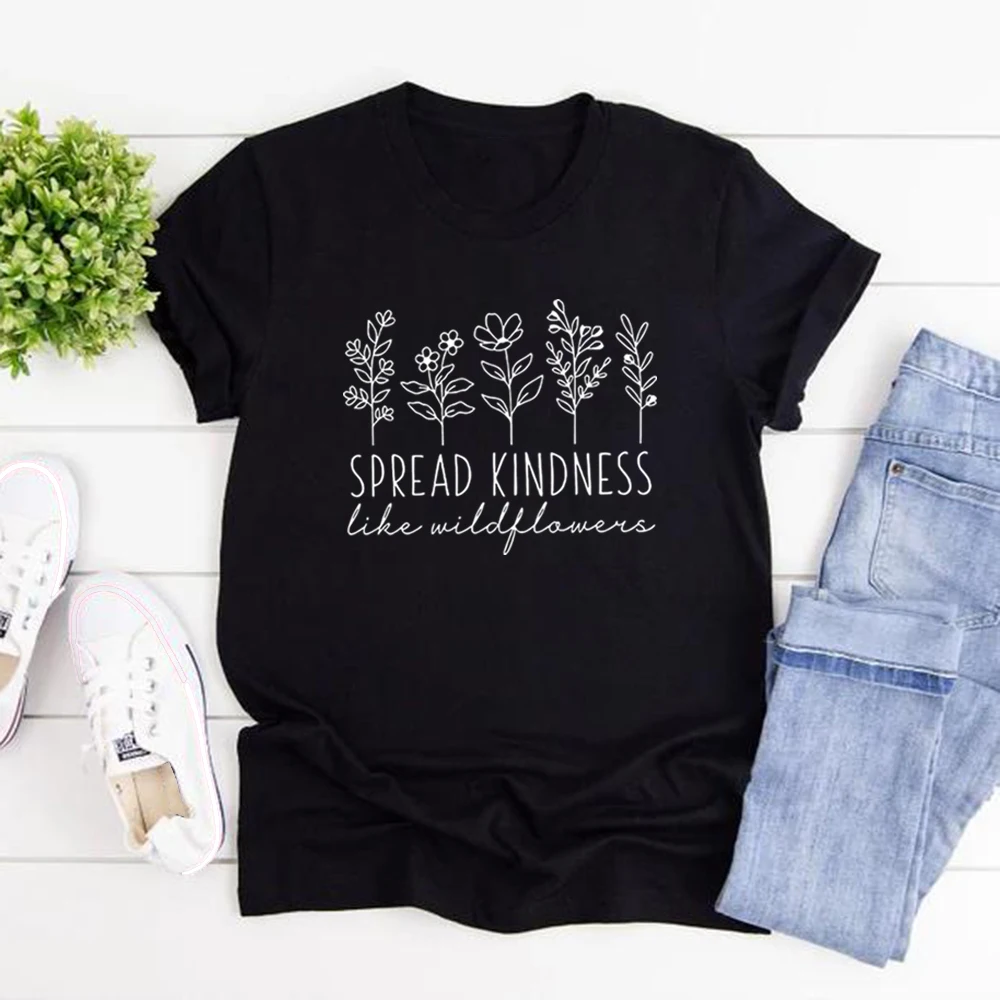 

Kindness T-Shirt Inspirational Shirt Be Kind Tee Casual Women Short Sleeve Graphic T Shirts Flower T-shirt Spread Kindness Tops