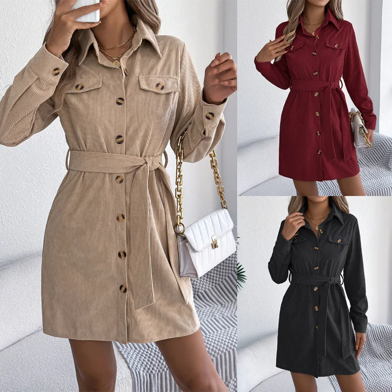 

Woman Clothes Autumn Winter Elegant Party Dress Leisure Pure Color Single Row Button Long Sleeve Belted Corduroy V Neck Shirt