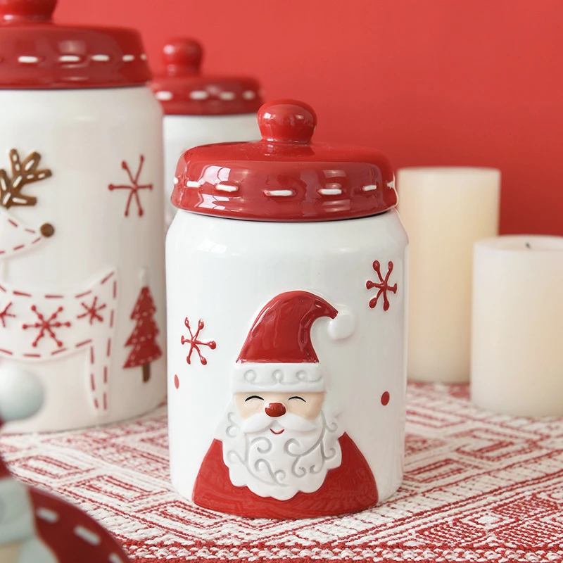 Nordic Style Santa Claus Printed Round Sealed Jar Large Ceramic Snack Jar Creative Christmas Gift Storage Storage Jar