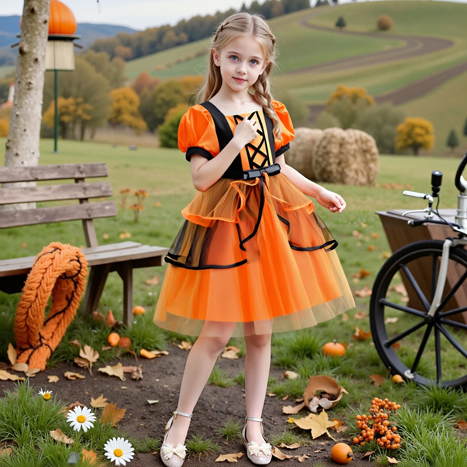 

Комплект костюма на Хэллоуин для девочек, тюлевая юбка с тыквой и шляпа ведьмы со звездами, 65% полиэстер, 35% вискоза для детей от 2 до 10 лет