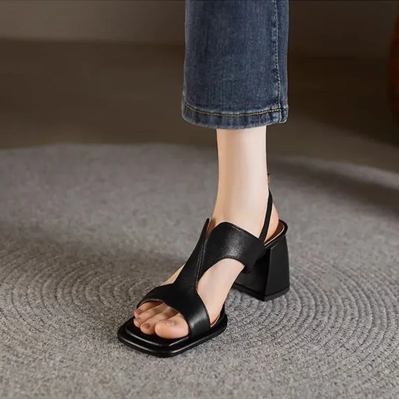 Sandały damskie 2024 Summer Thick Sole High Heels Ladies Sandal Shoes for Women Retro Open Toe Back Strap Sandalias De Mujer