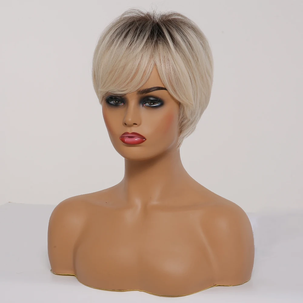 LOUIS FERRE Short Ombre Black Ash Light Blonde White Synthetic Wigs With Bangs For Black Woman Afro Cosplay Wig High-Temperature