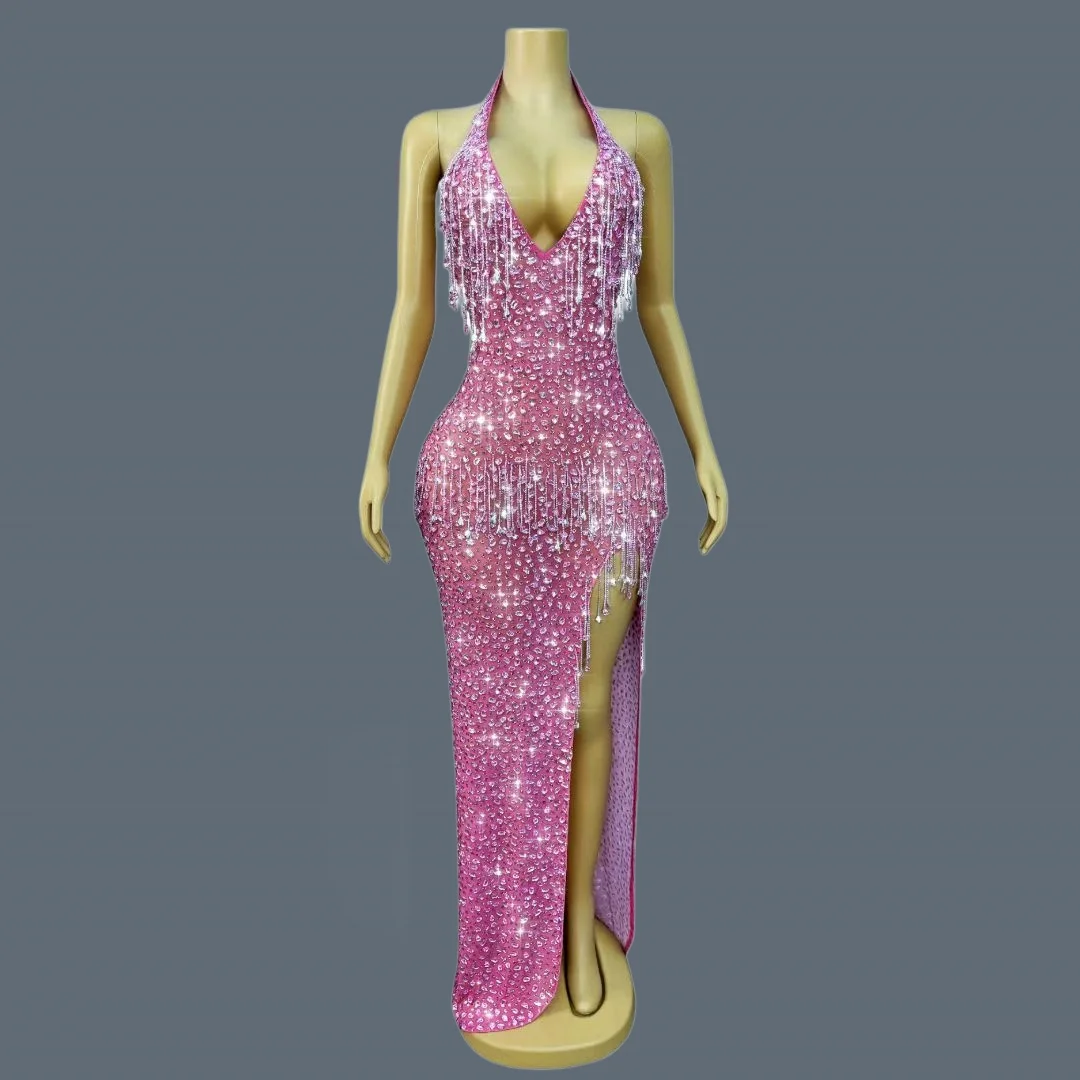 Women Mesh Luxury Sexy Evening Gown Sparkling Crystals Tassel High Slit Deep V-neck Hanging Neck Elegant Long Dress Wulongweibo