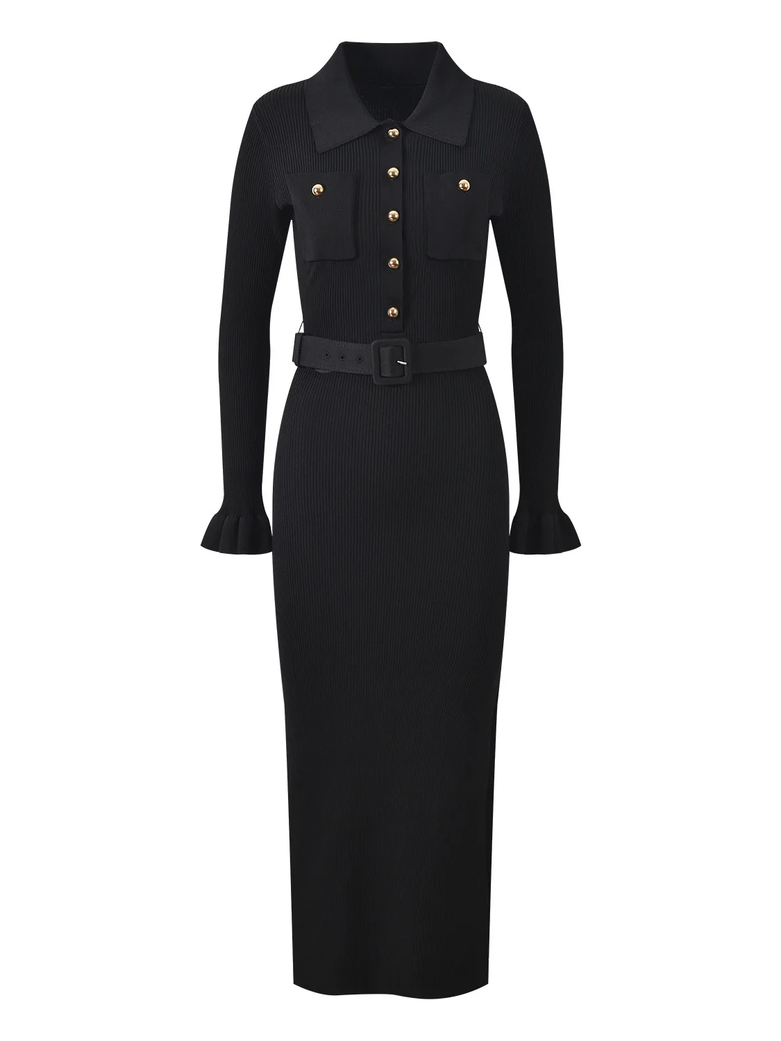 

Ele Slim Fit Dr with Belt Flared Sve Knitted Long Sve Casual Sle Side Slit Design Autumn New Arrival