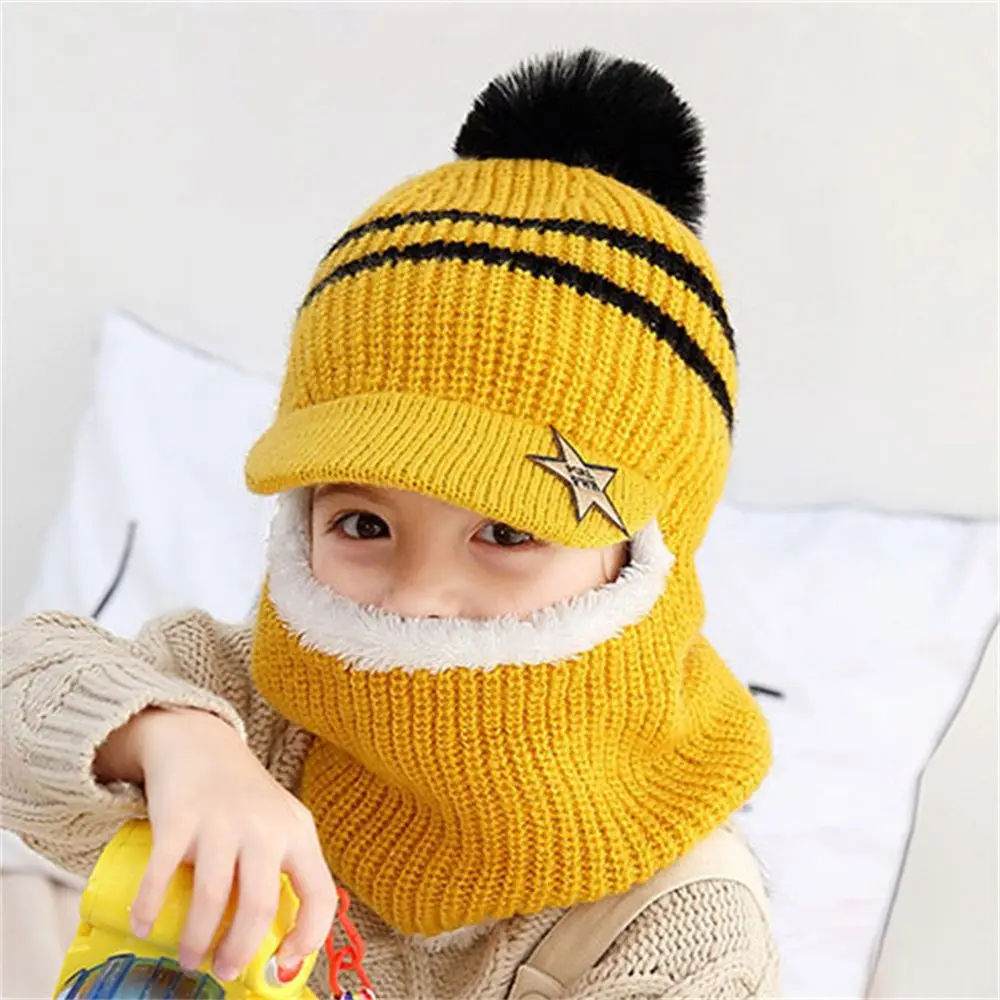 Winter Kids Plus Fleece Beanie Hats Thick Warm Knitted Balaclava Cap For Child Outdoor Girls Boys Face Cover Hairball Bib Mask