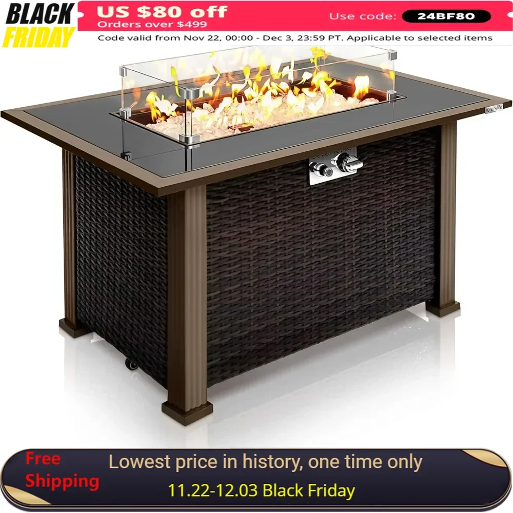 

Fire Pit Table, Rattan Panel, Glass Wind Guard, Black Tempered Glass Tabletop, Clear Glass Rock, Propane Gas Fire Pit Table