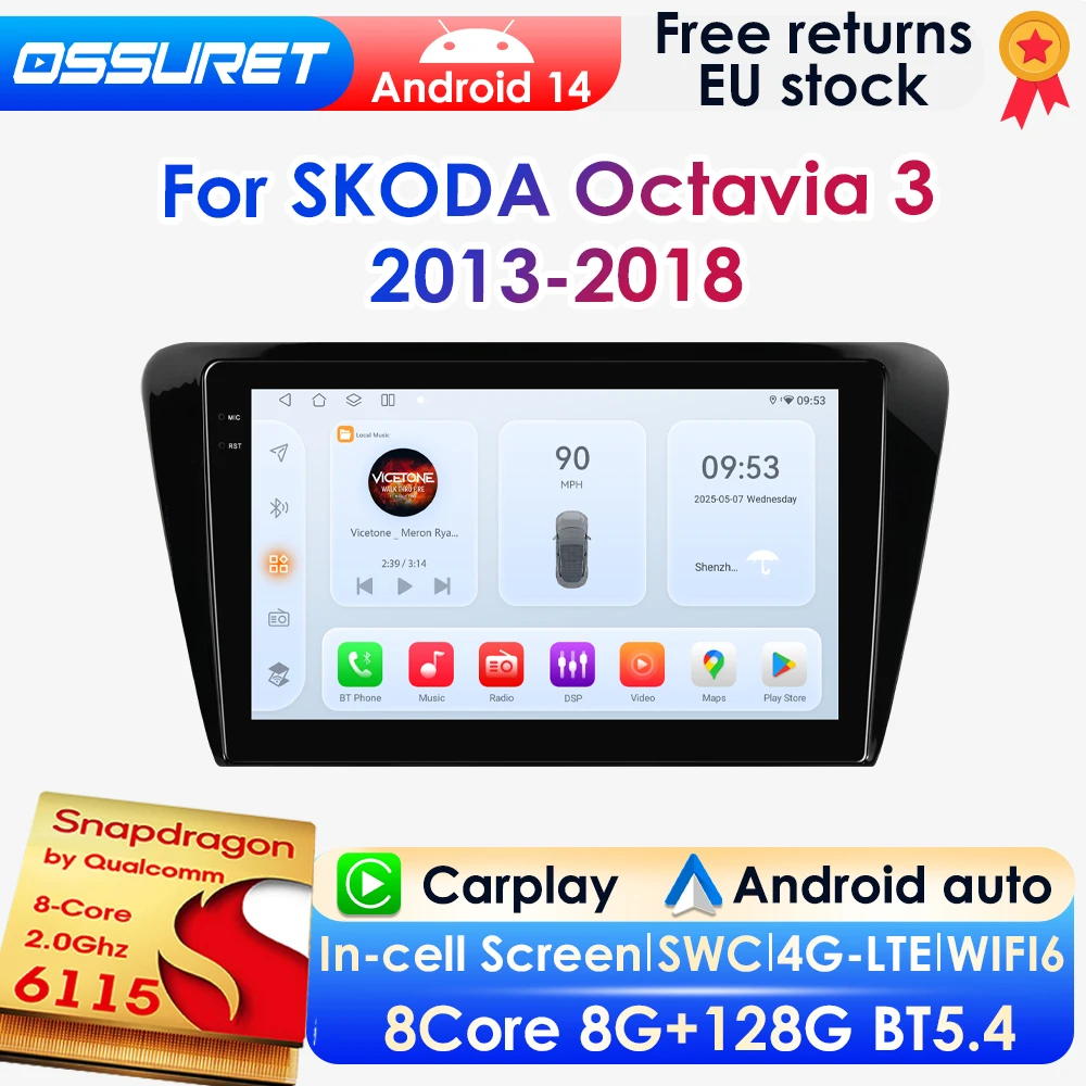 OSSURET AI Carplay Android14 Radio para coche para SKODA Octavia 3 A7 2013 -2018 Multimedia para coche GPS Inalámbrico Carplay Android Auto 4G DSP BT Mirror Link SWC 360Camera 2Din Autoradio Sistemas inteligentes Pantalla QLED por Snapdragon 6115