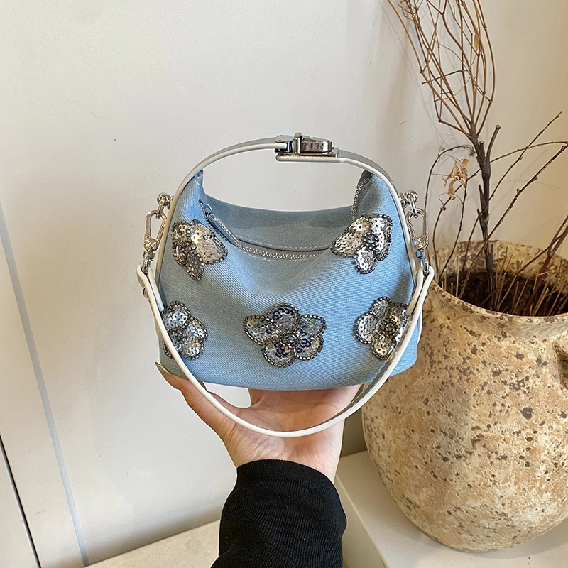 Summer New Denim Mini Hobo Handbag Hot Sale Youth Women's Crossbody Purse with Sequin Flower Details Convertible Top-Handle Bags