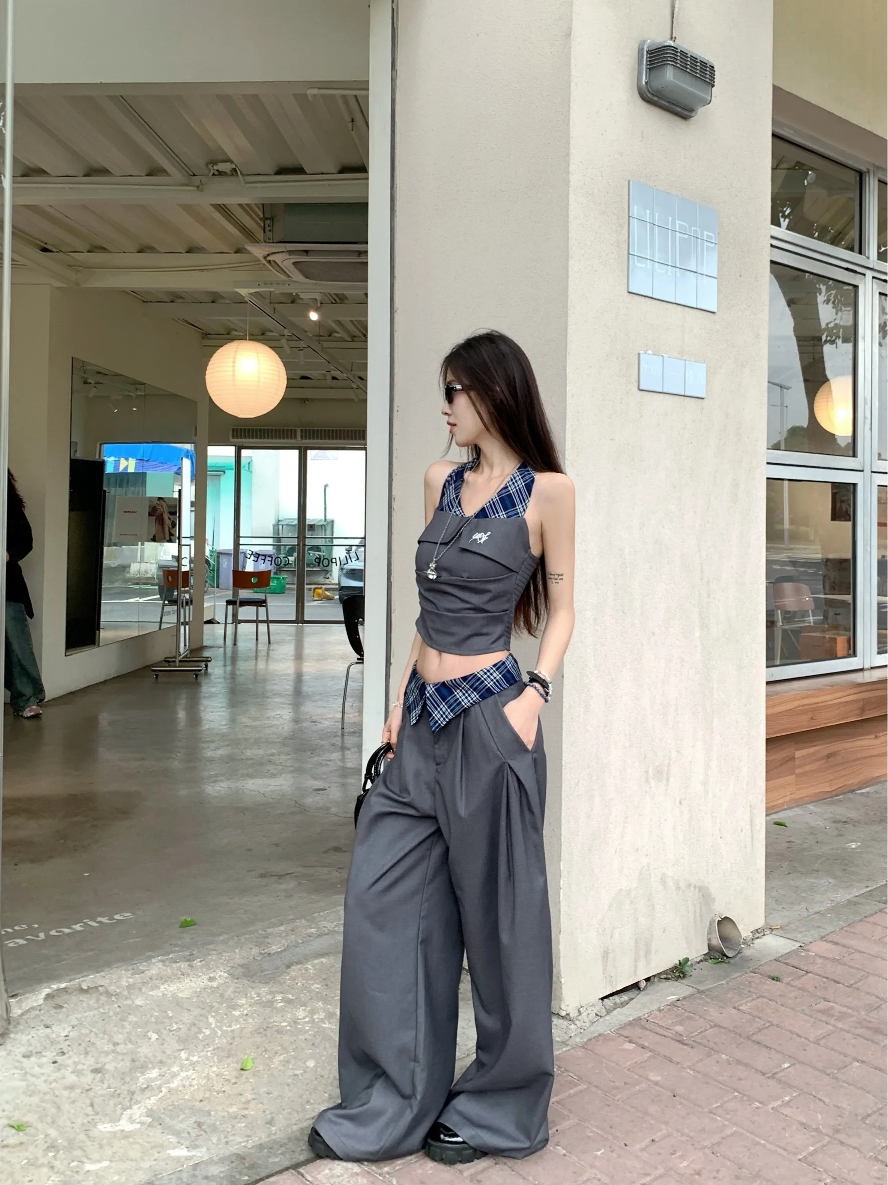 

Модный летний комплект: топ на бретелях и брюки с высокой талией и широкими штанинами для женщин, повседневный стиль