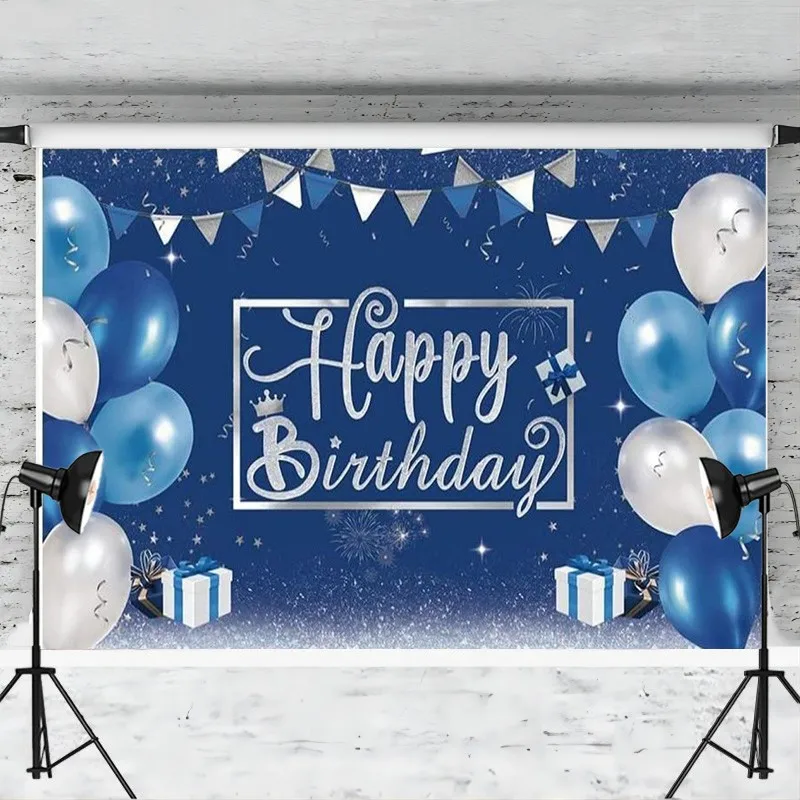 Happy Birthday Backdrop Sign Banner Blue and Silver Balloons Photography Background for Women Men Party Decorations Supplies