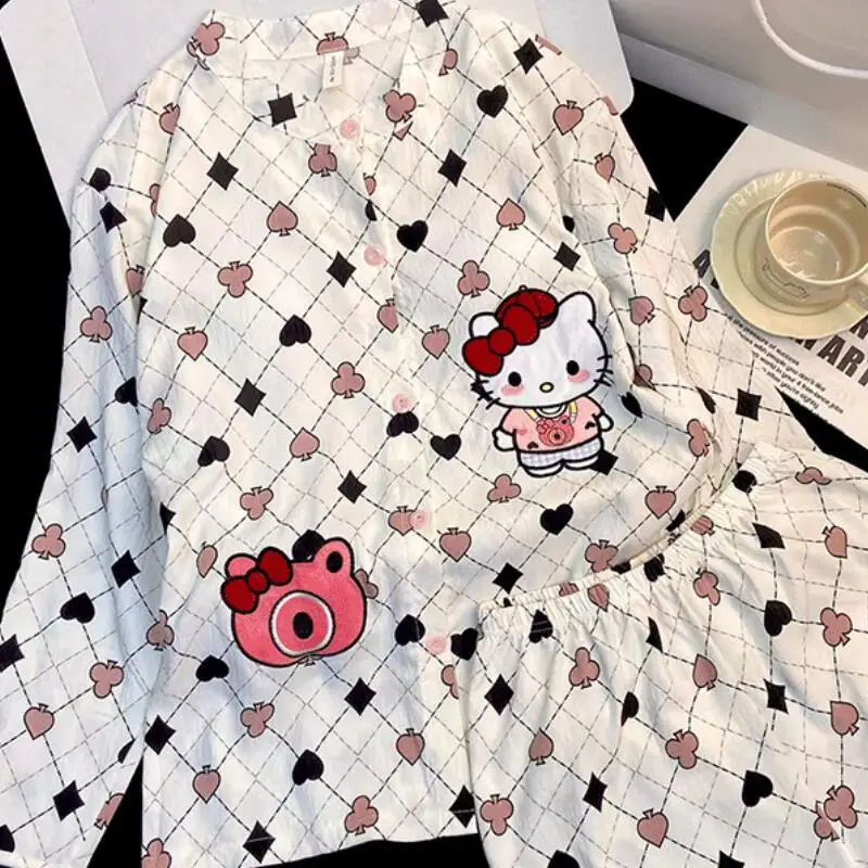 

2Pcs Anime Kawaii Women Pajama Cartoon Cotton Cute Hello Kitty Pajamas Pants Sweet Girly Home Wear Student Indoor Pajama Sets