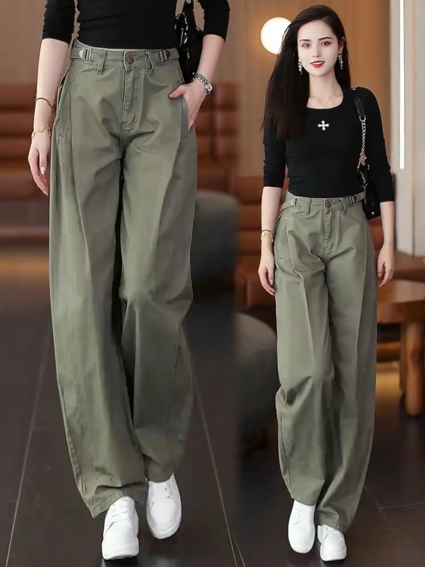 

Retro Casual Work Pants Women's High Waist Slim Fit Wide Leg Jeans Spring Autumn New Style Dreamy Elegant Cotton Denim Pants