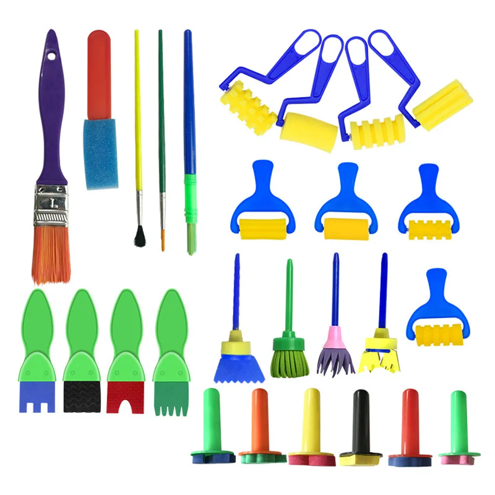 27Pcs Kids Art Painting Sponge Brush Set Safe Non-Toxic Soft Sponge Tips Easy Clean Reusable for Creative Graffiti Early