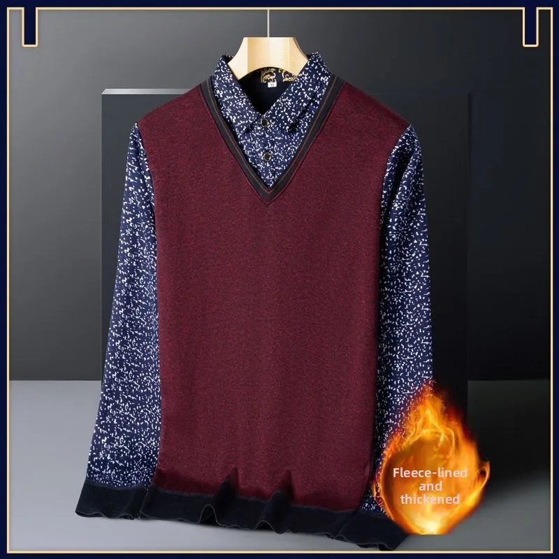

Thiened Inteated Fce Knitted irt Collar Floral Print Dad Clothes Men's Fake Two-Piece Sweater Base Layer Summer Warmth