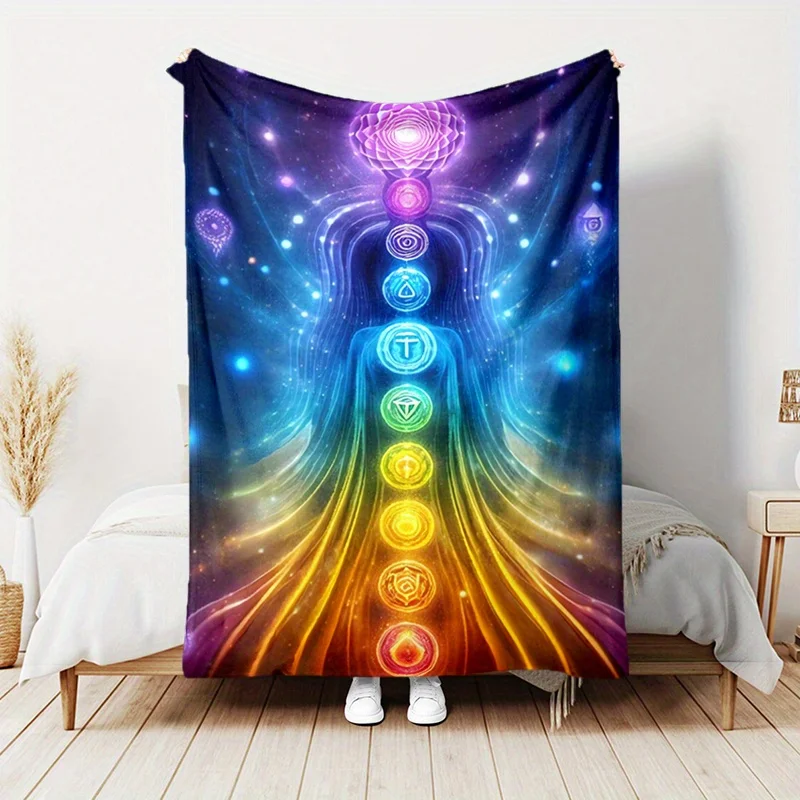 1pc Vibrant Chakra Meditation Flannel Blanket - Cozy, All-Season Plush Throw with Colorful Energy Centers Design for Home, Offic
