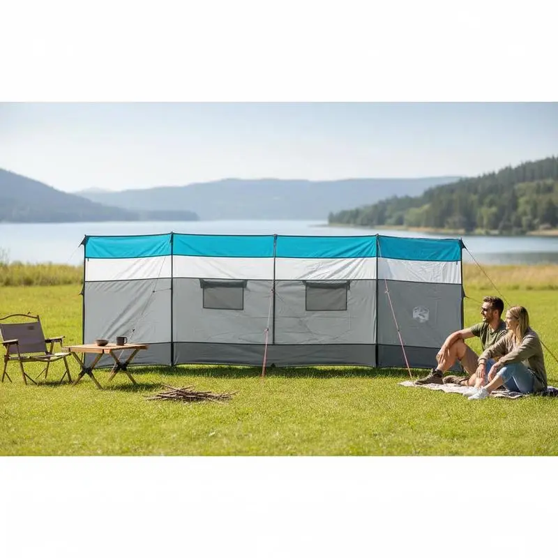 Paravent de camping bleu 510 x 153 cm, écran de protection panoramique, montage rapide sans outils, idéal pour les journées à la plage, les camping familial et les terrasses de jardin en extérieur