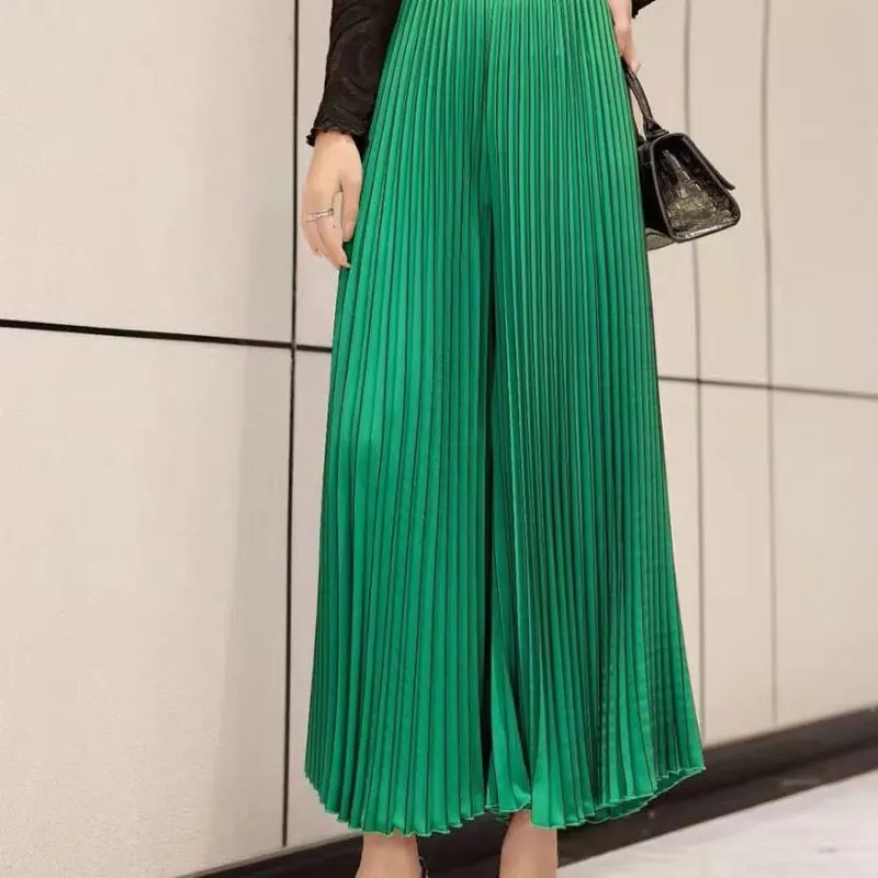 Casual Wide Leg Fashion Pleated Cropped Pants Spring Summer All-match Women's Clothing Bright Line Decoration Elastic Trousers