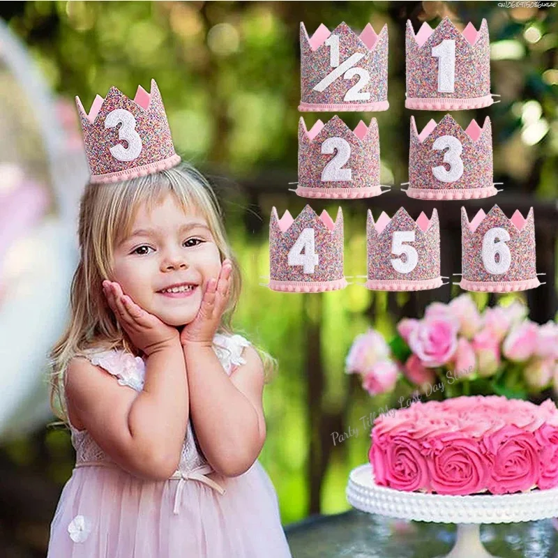 1 Year Old Baby Birthday Party Pink Crown ONE First 1st Color Powder Crown Happy Birthday Party Hat Kids Girl Baby Shower Decor