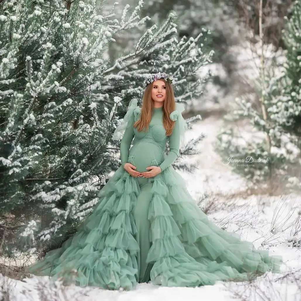 Luxury Green Evening Dresses 2 Pieces Tiered Ruffles Women Pregnancy Gowns Sexy Sweep Train Baby Shower Party Photoshoot Robes