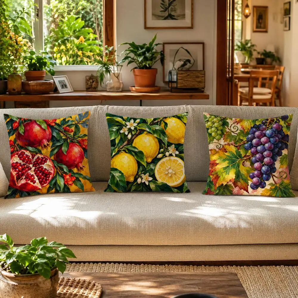 Fruit Orchard Lemon Apple Pomegranate Grape Cushion Cover Skin-Friendly Linen Pillow Cover Durable Hypoallergenic Washable Soft