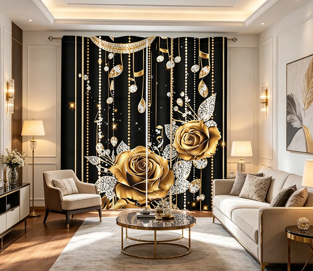 2PCS Digital Printed Curtains, Diamond Leaf Gold Rose Pattern, Luxury Glamorous Elegant Style for Living Room Bedroom Home Decor