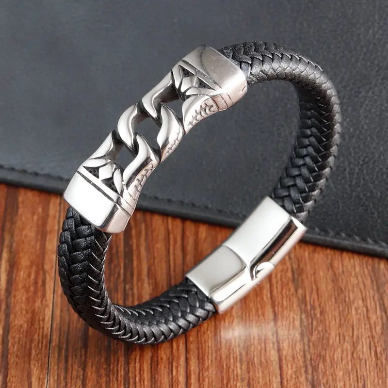 Vintage Stainless Steel Totem Jewelry Hip-Hop Genuine Leather Weave Viking Bracelet for Men Party