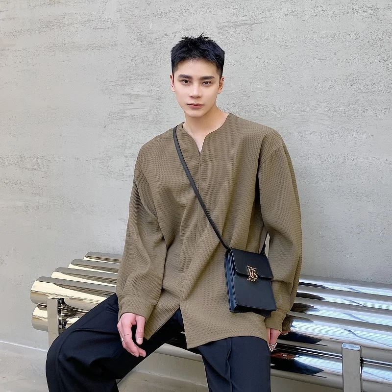 

Early Spring Faionable Simple High-End V-Ne Long Sve Men's irt round Ne Overhead Retro Lazy Sle Hair St