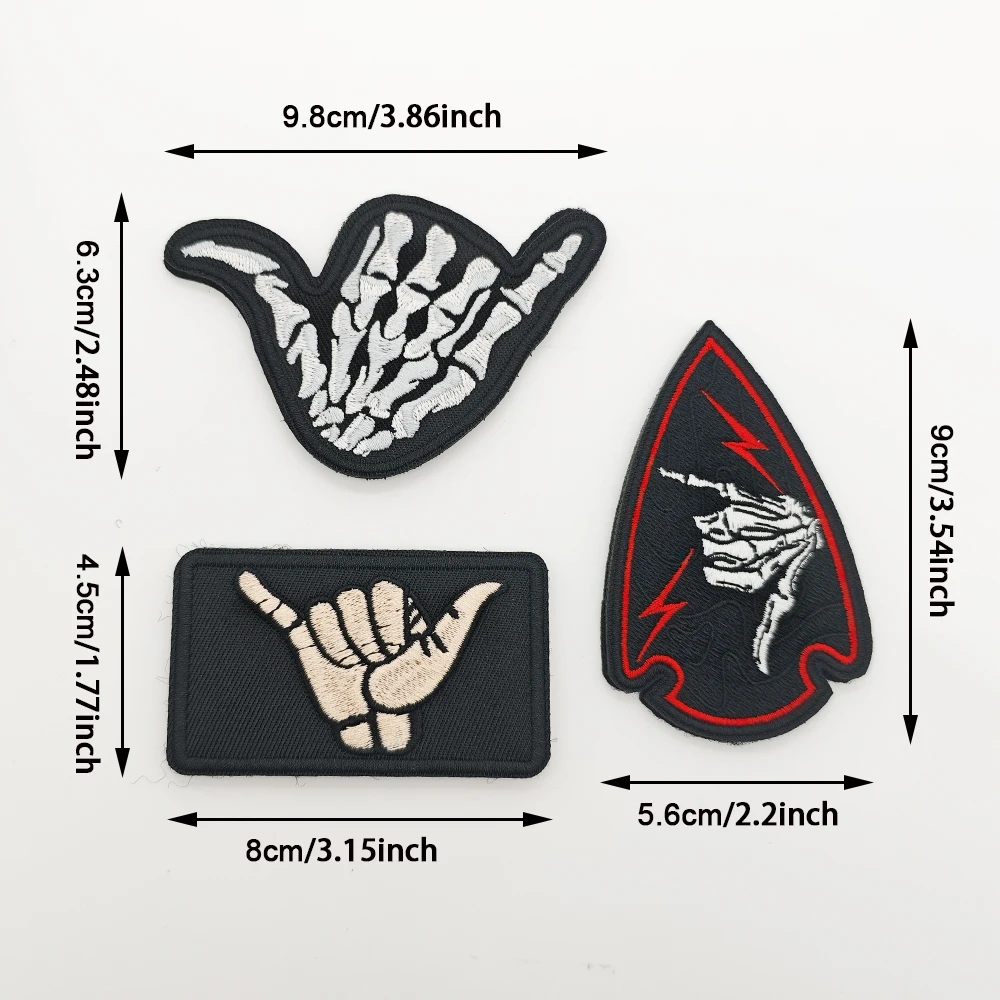 Skeleton Shaka Hand Embroidered Patch Hook & Loop, Tactical Gesture Arrow Badge DIY For Backpack Jacket Vest Hat Hunting Camping